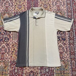 Knights Sportswear Mens XL Beige Gray Stripe Polo Shirt Short Sleeve Button Up‎